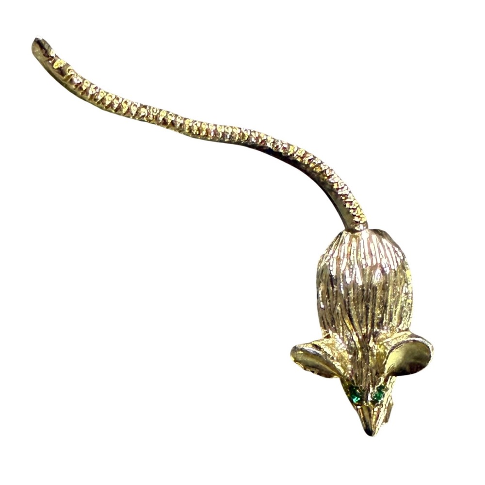 Gold Tone Mouse Brooch Green Gemstone Eyes Textured Body Long Tail Pin Jewelry